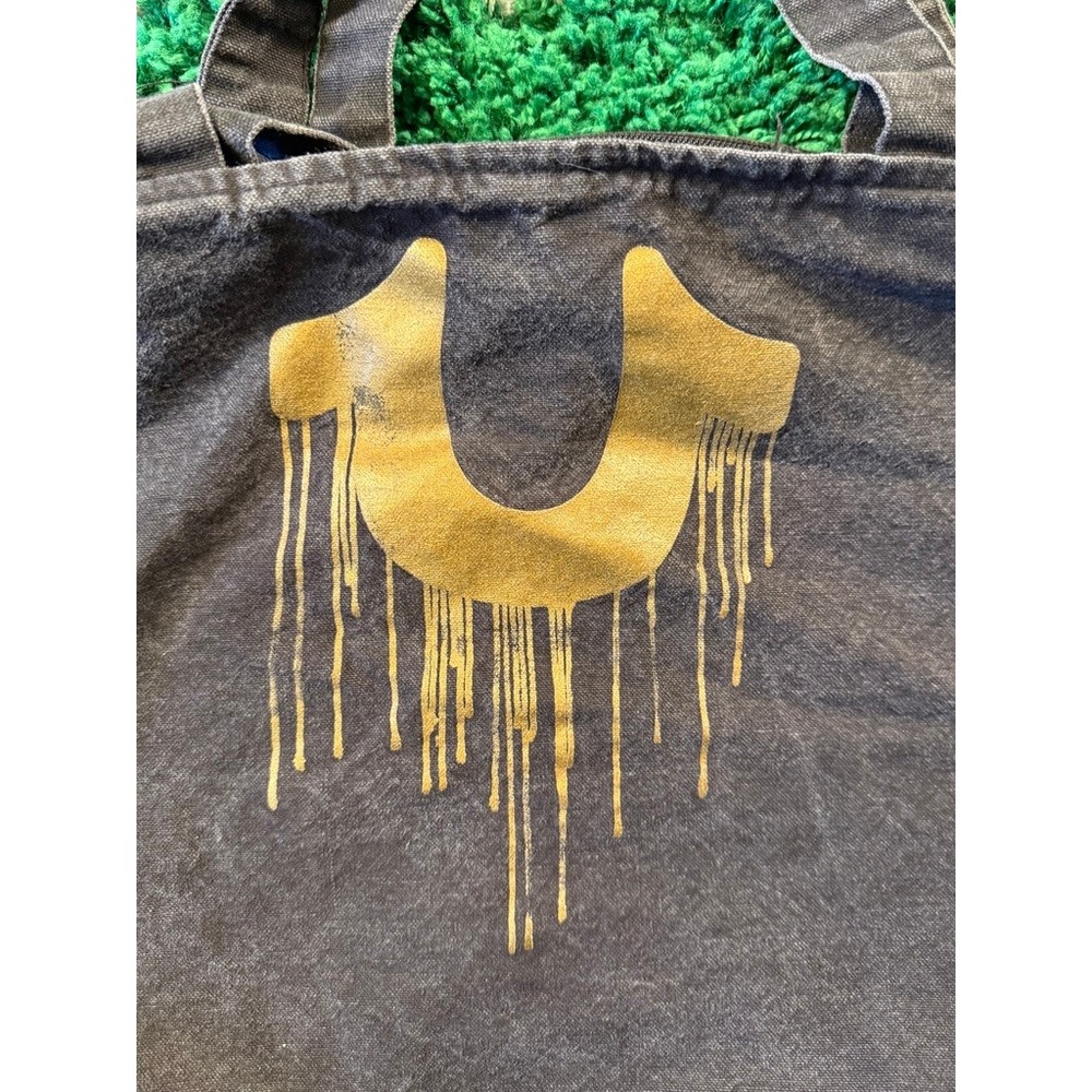 True Religion Tote Bag Unisex OS Black Good Gold Drip Horseshoe Denim Canvas - Picture 6 of 8
